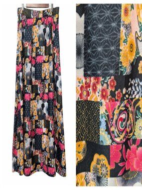 Vintage Womens Plus Size 3XL Asian Patchwork Printed Cotton Bohemian Midi Skirt